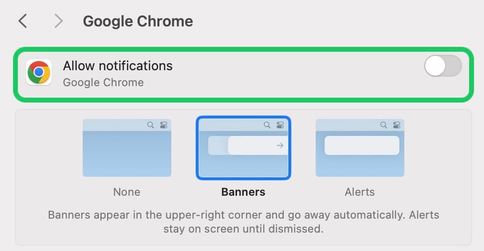 Example : Allow Chrome notifications in System Settings on MacOS