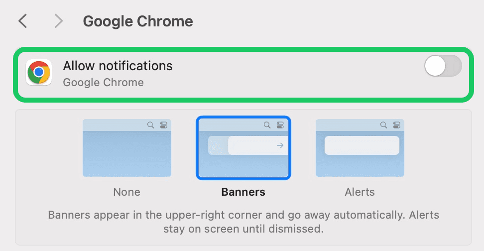 Example : Allow Chrome notifications in System Settings on MacOS